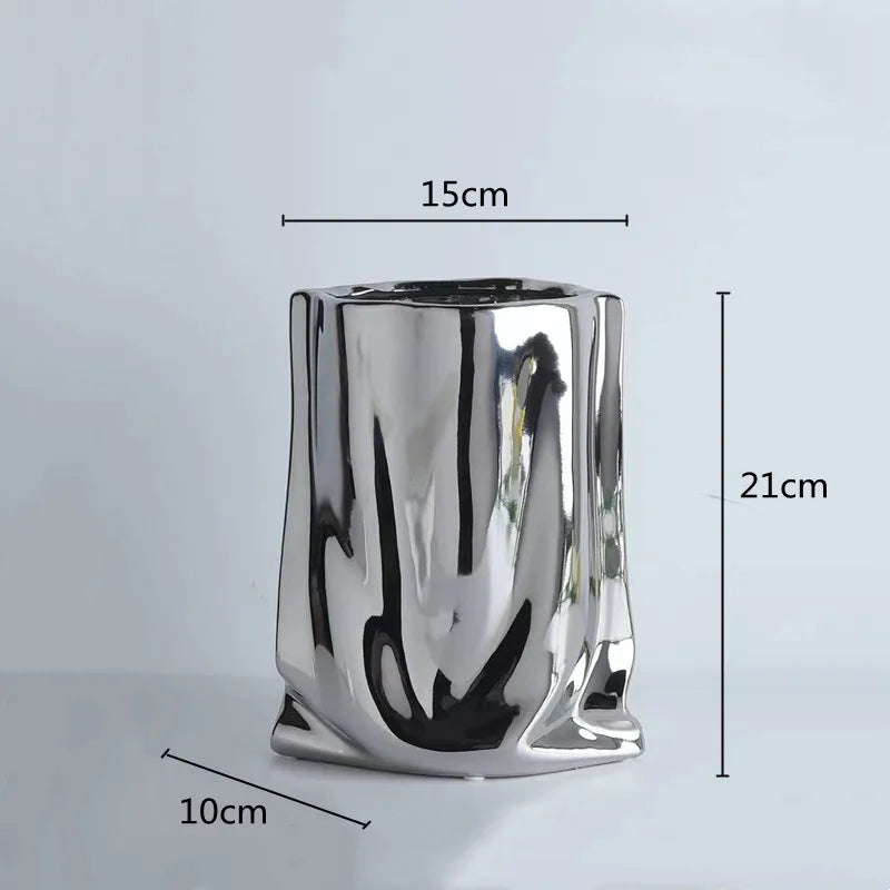 Silver Ruffled Porcelain Bag Shape Home Decoration Vase