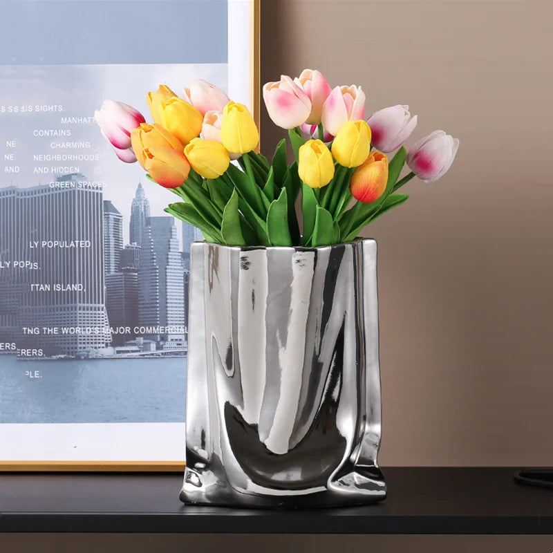 Silver Ruffled Porcelain Bag Shape Home Decoration Vase