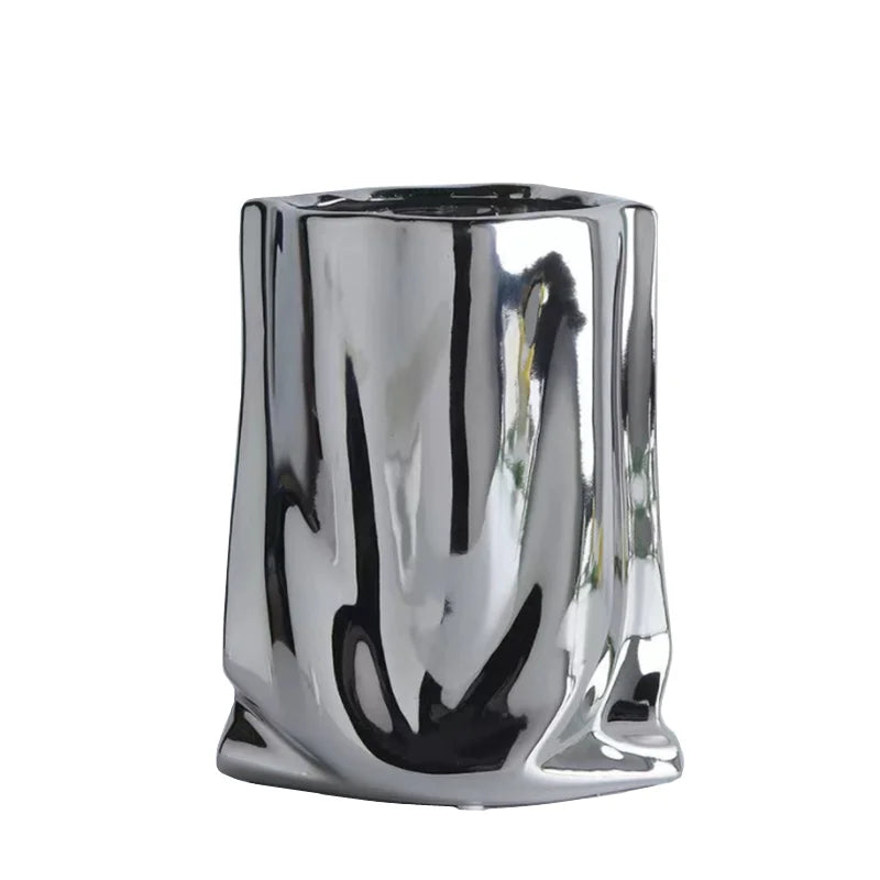 Silver Ruffled Porcelain Bag Shape Home Decoration Vase