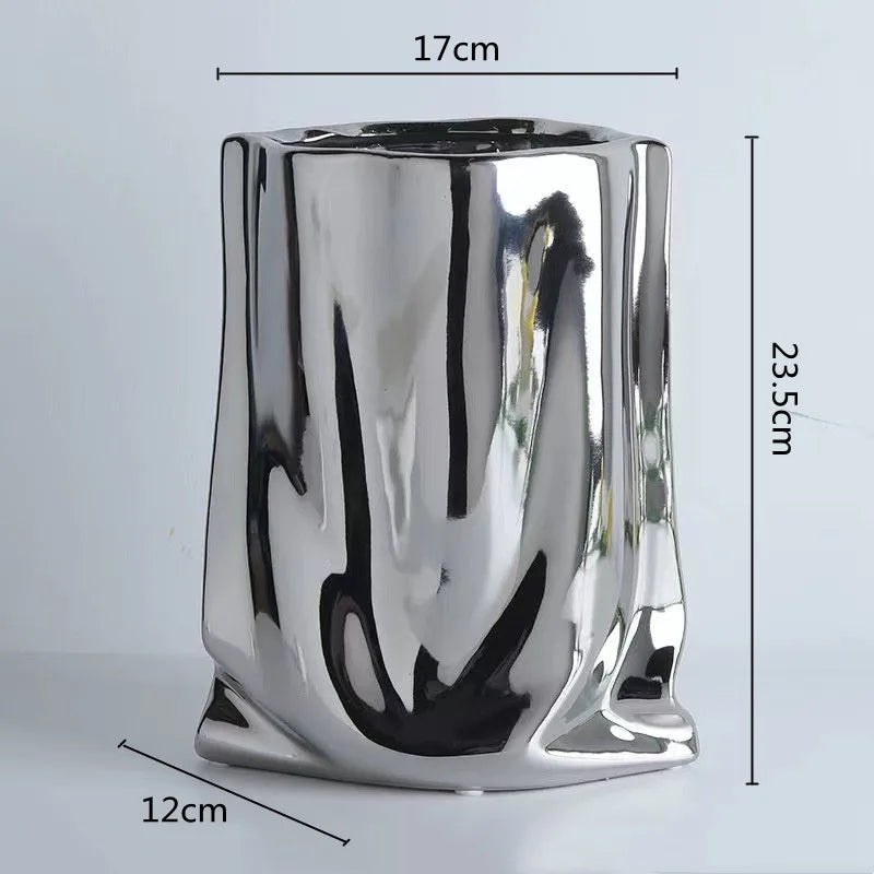 Silver Ruffled Porcelain Bag Shape Home Decoration Vase