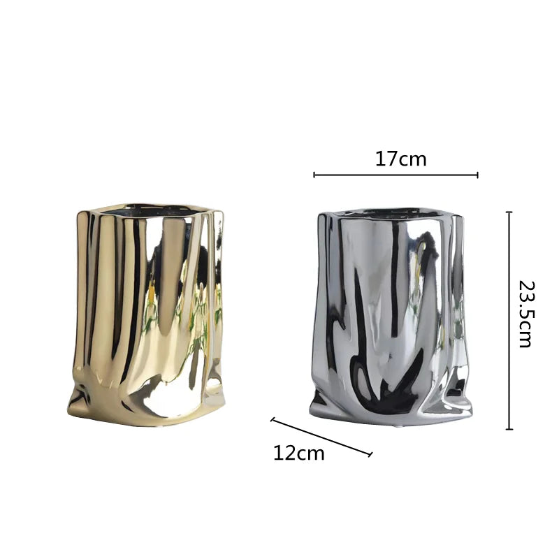 Silver Ruffled Porcelain Bag Shape Home Decoration Vase