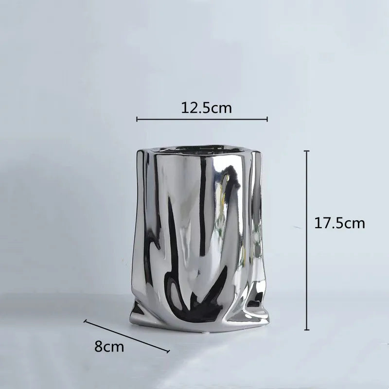 Silver Ruffled Porcelain Bag Shape Home Decoration Vase