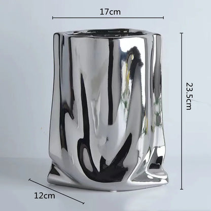 Silver Ruffled Porcelain Bag Shape Home Decoration Vase