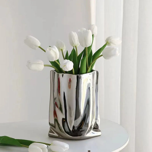 Silver Ruffled Porcelain Bag Shape Home Decoration Vase
