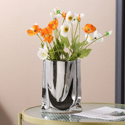 Silver Ruffled Porcelain Bag Shape Home Decoration Vase